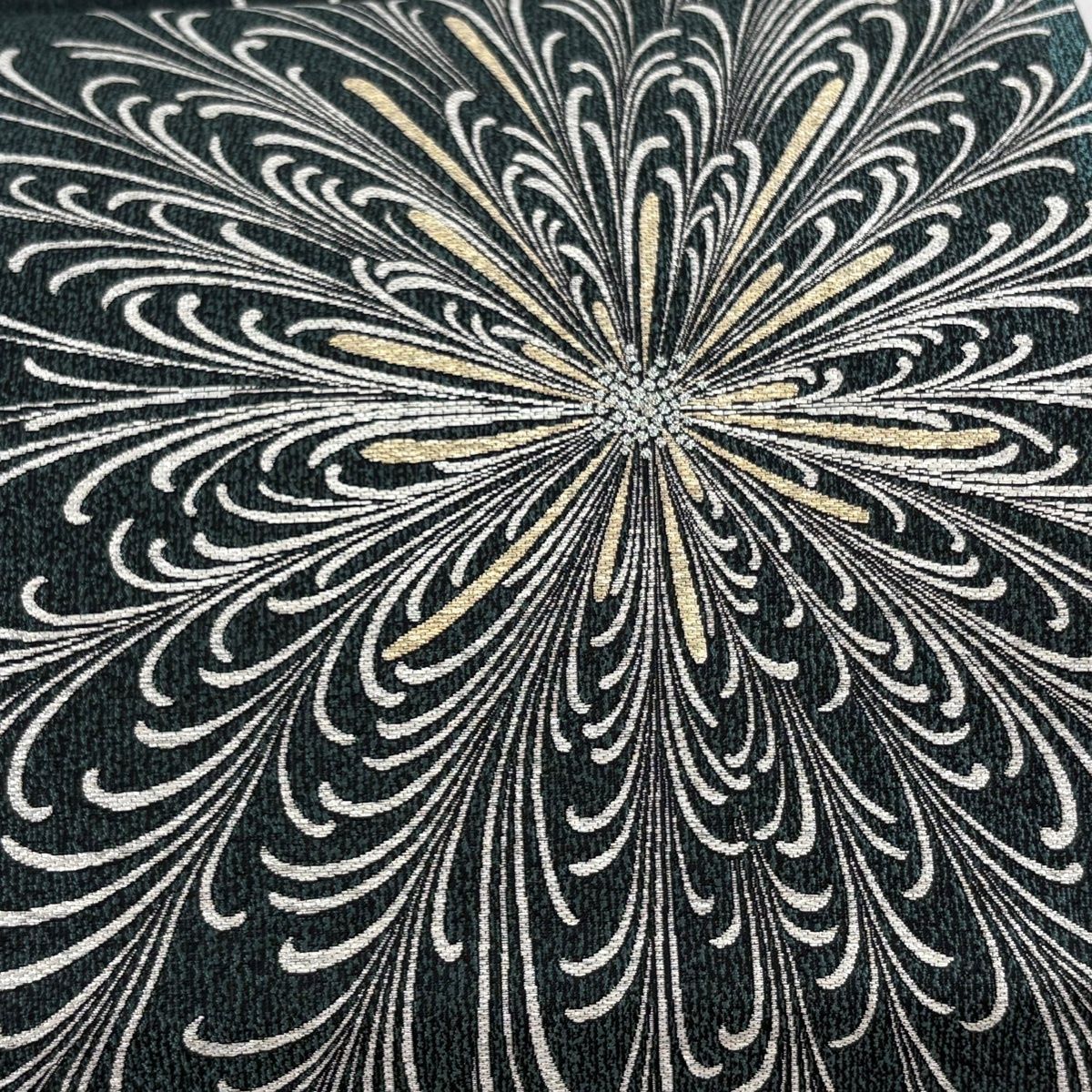 袋帯 長嶋成織物 証紙 花 箔 深緑 お太鼓柄 正絹