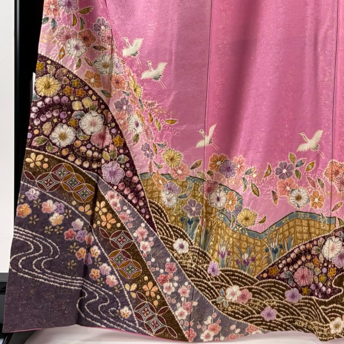 振袖 身丈166cm 裄丈67cm M 袷 徳永憲峯 落款 辻が花 鶴 金通し 金彩