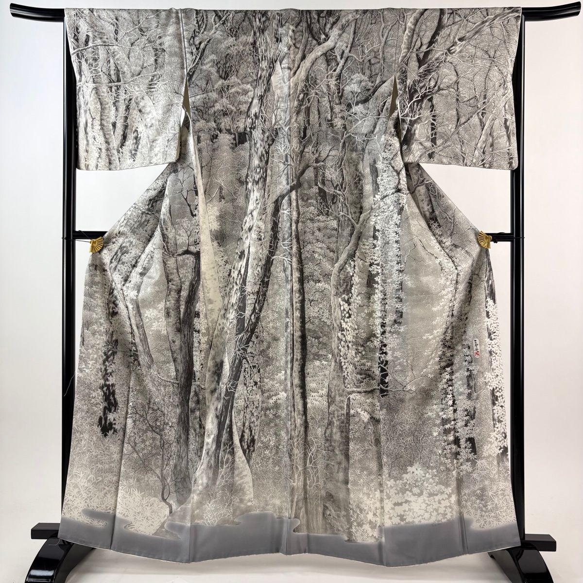 訪問着 身丈163.5 cm 裄丈66.5 M 袷 山岡古都 落款 白樺 笹 灰色 正絹