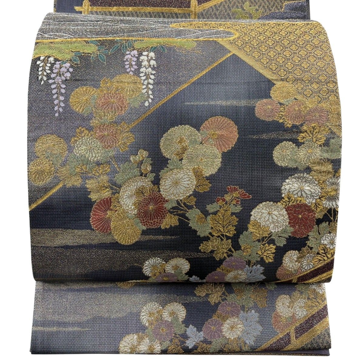 袋帯 秀品 縞 波 銀通し 青灰色 全通 正絹 【中古】 美品 袋帯 秀品 縞 