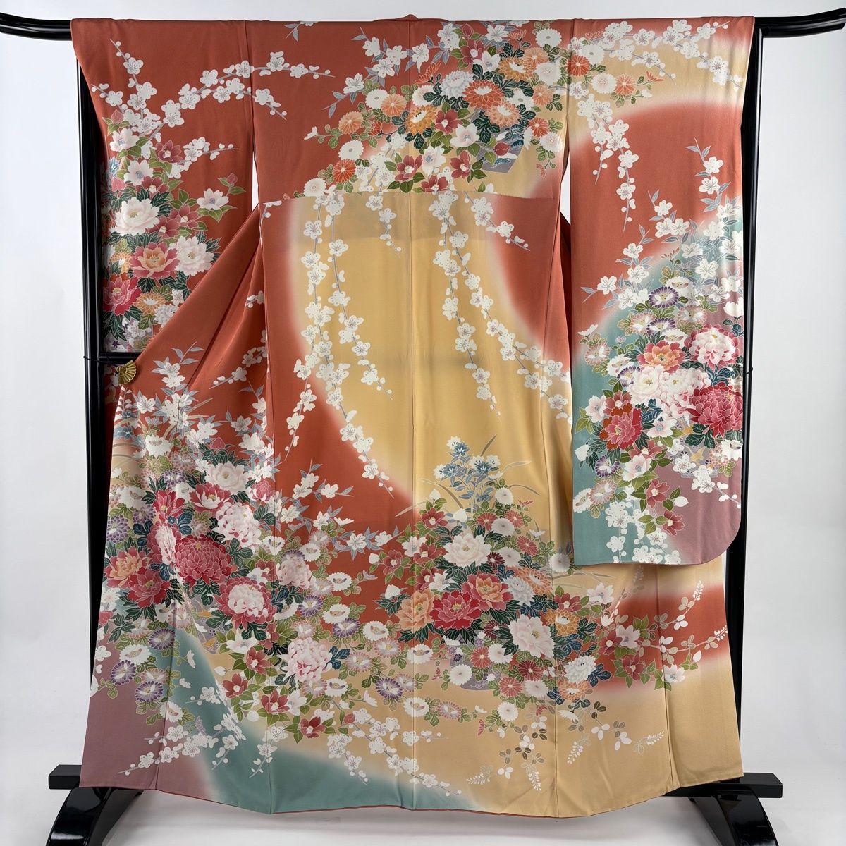 振袖 身丈160.5 cm 裄丈65.5 M 袷 花器 鶴 染め分け ぼかし 朱色 正絹 名品