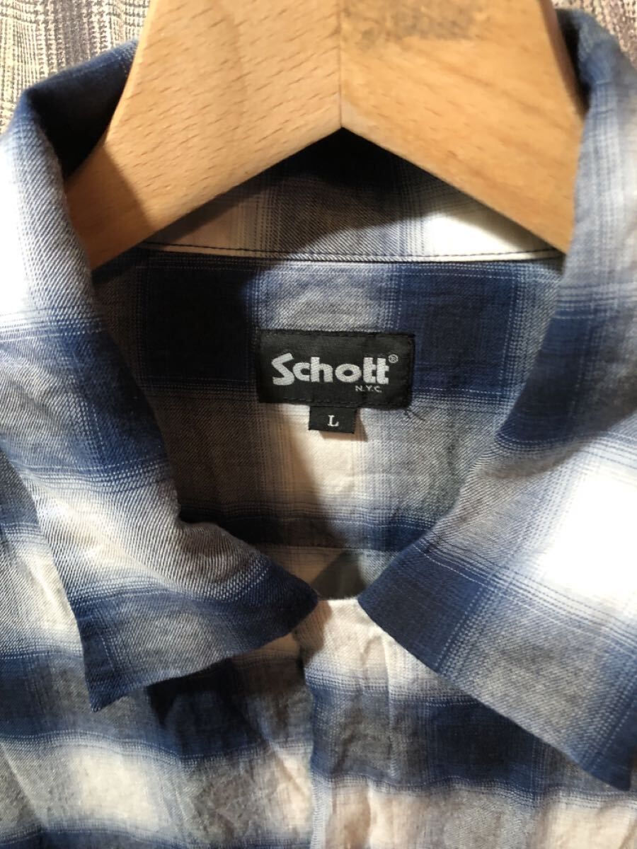 福岡 Schott 長袖シャツ オンブレチェック ショット L コットン レーヨン マルチカラー チェック ブルー ホワイト 782-3120007 FK
