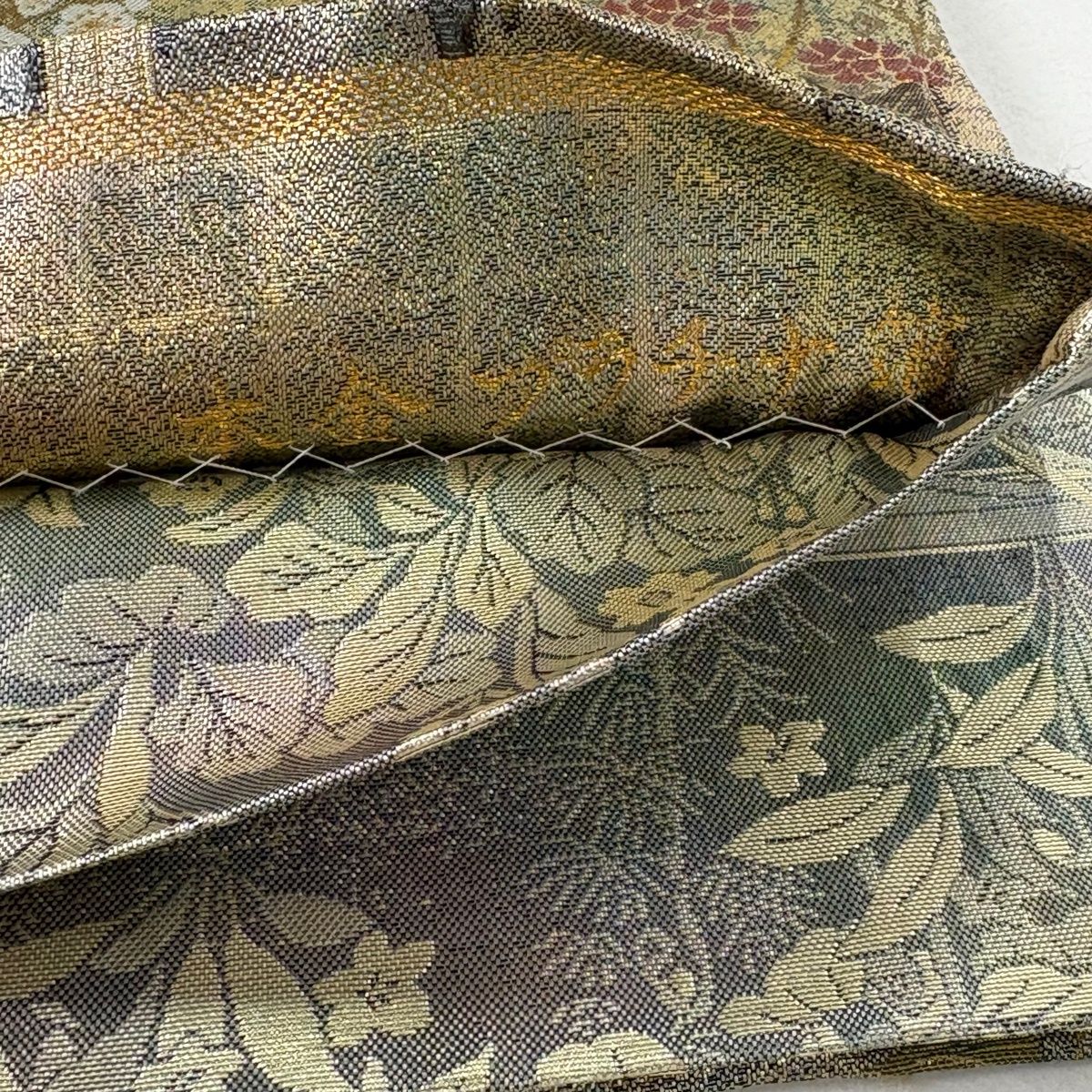美品】 袋帯 名品 琳派大全集 草花 本金プラチナ箔 緑 全通 正絹
