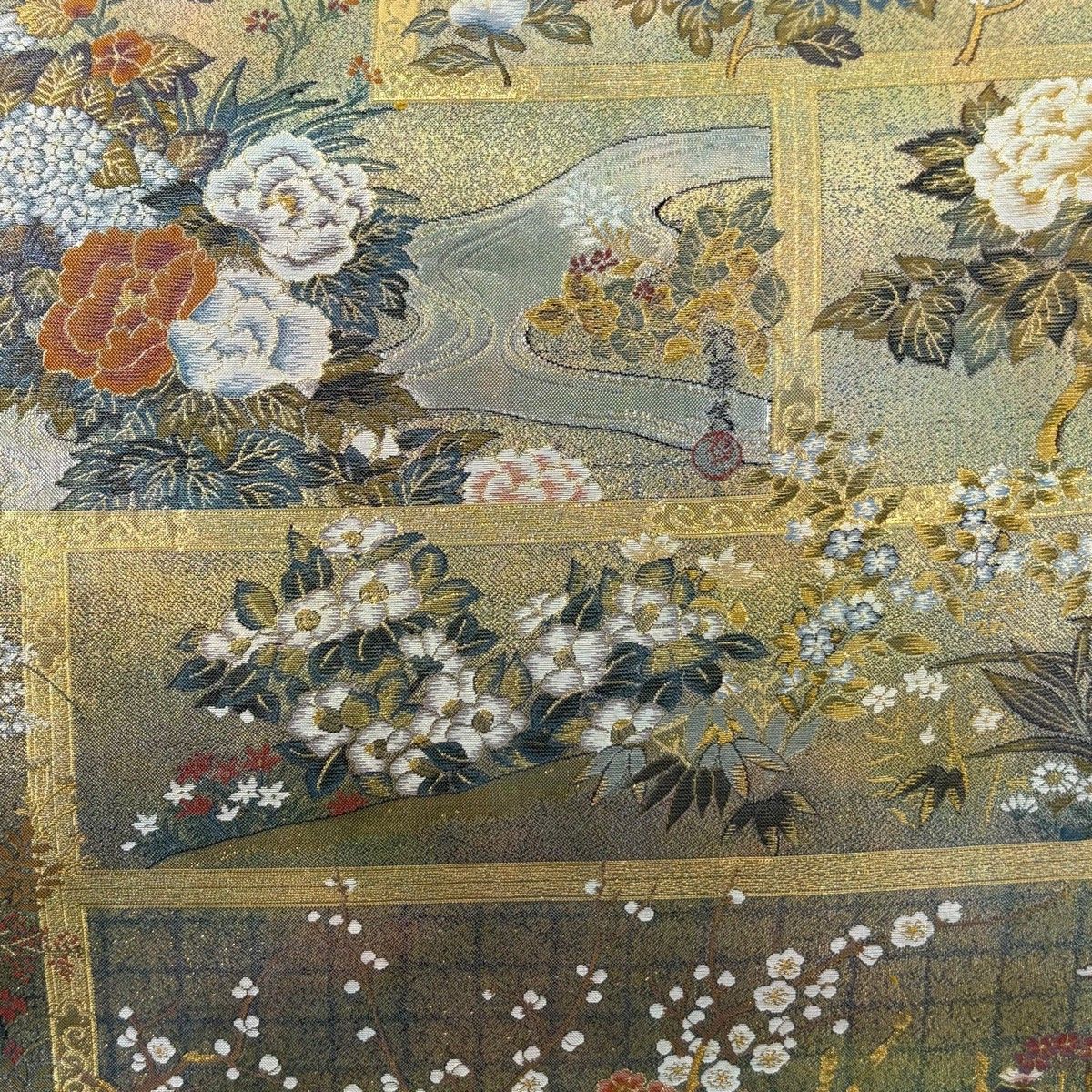 美品】 袋帯 名品 琳派大全集 草花 本金プラチナ箔 緑 全通 正絹