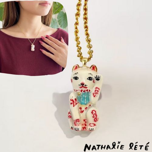 み ナタリー レテ | Nathalie Lete Necklace Lucky cat｜真鍮ネックレス ラッキーキャット ホワイト 白 ｜ブラスアクセサリー 猫ねこネコ