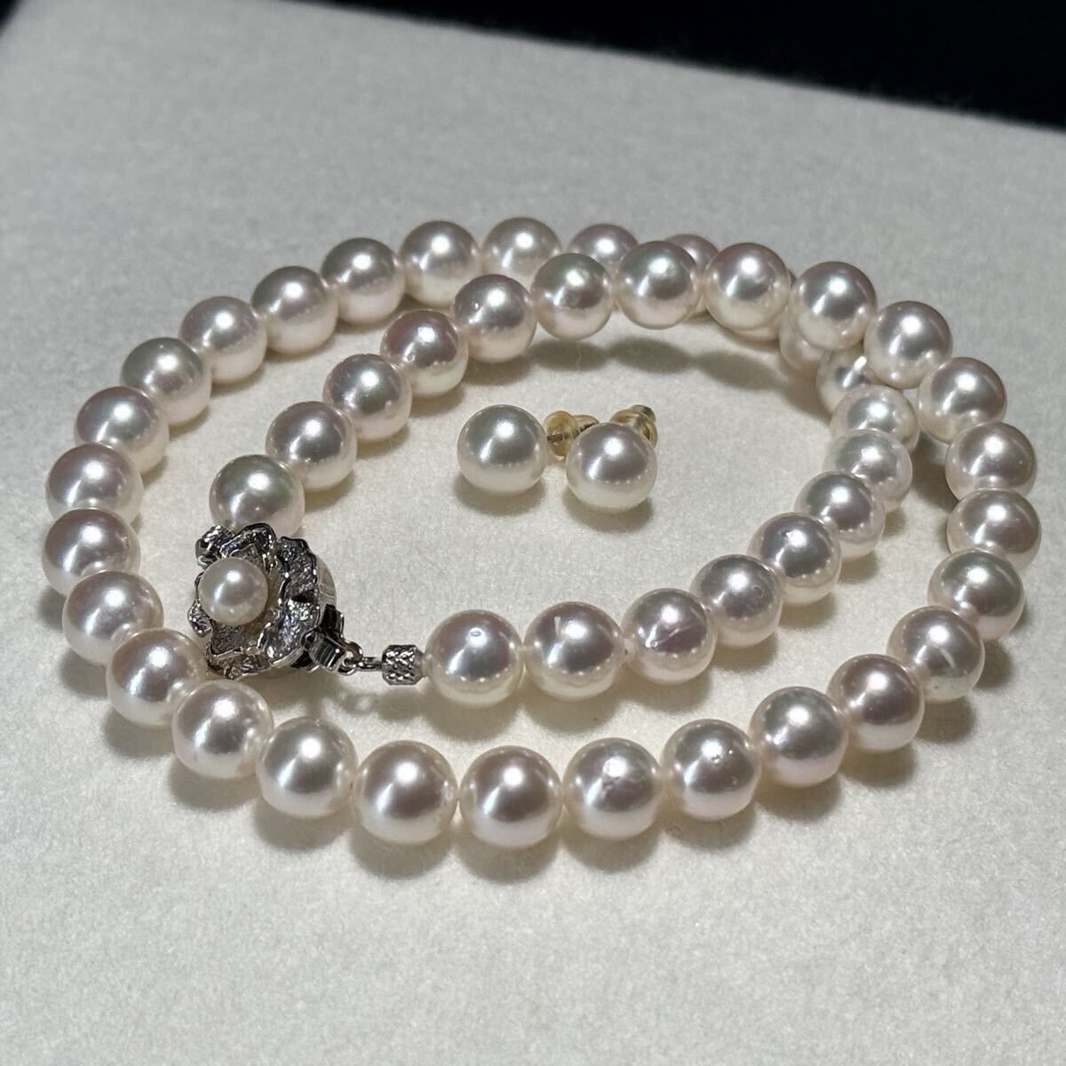 K 14 WG アコヤパール ネックレス ピアス 8.48～8.92㎜ 44㎝ 総49.1 g 本真珠 リアルパール SILVER刻印 照り◎ jewelry necklace SS 067