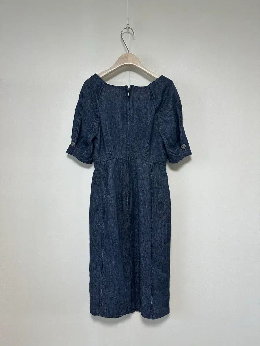  マイン22 スクエアネック パフスリーブ デニム ONE PIECE 長袖 七分袖 ひざ丈ワンピース