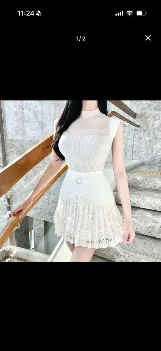 エスドレス モックネック キュービック フレンチスリーブ ニット レース スカートs