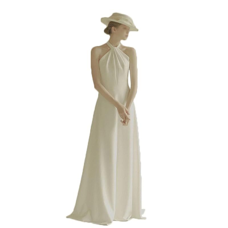 Fiveen 結婚式二次会ウェディングドレス 白 シンプル ロング ドレス ホルターネック 背中装飾 スリム セルフ前撮りドレス リゾート 後撮り 花嫁ドレス 海外挙式 S