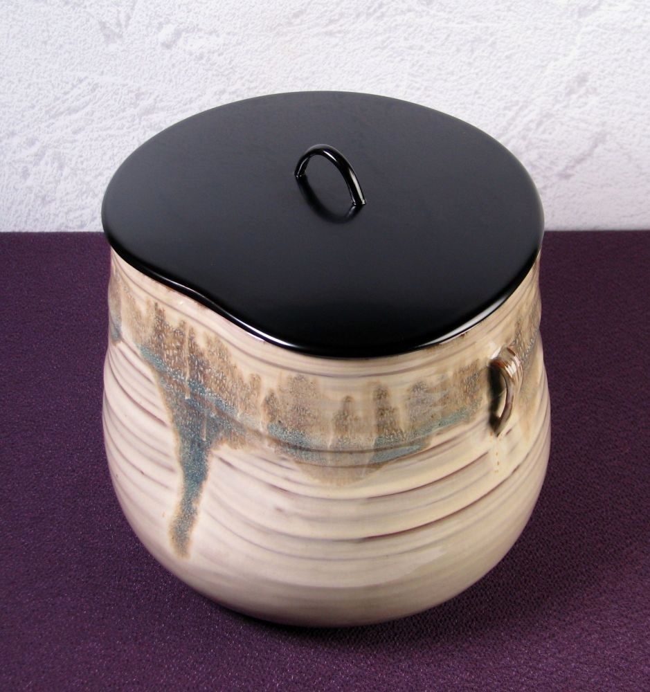 亀井楽山作 高取耳付水指 木村表恵漆蓋 幅：17.5cm 極美品 共箱・紙箱