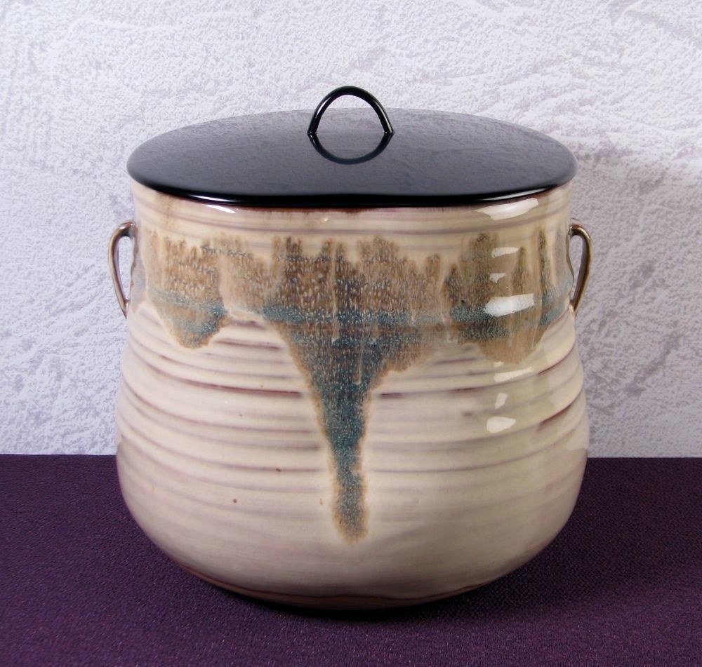 亀井楽山作 高取耳付水指 木村表恵漆蓋 幅：17.5cm 極美品 共箱・紙箱