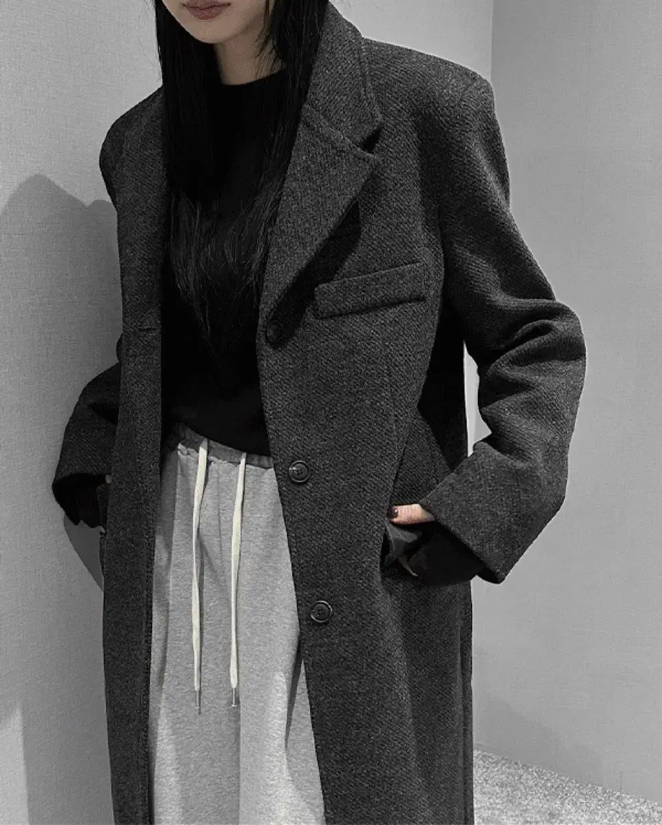 VIVNLUV ウール ヘリンボーン ロング コート チャコール ブラウン