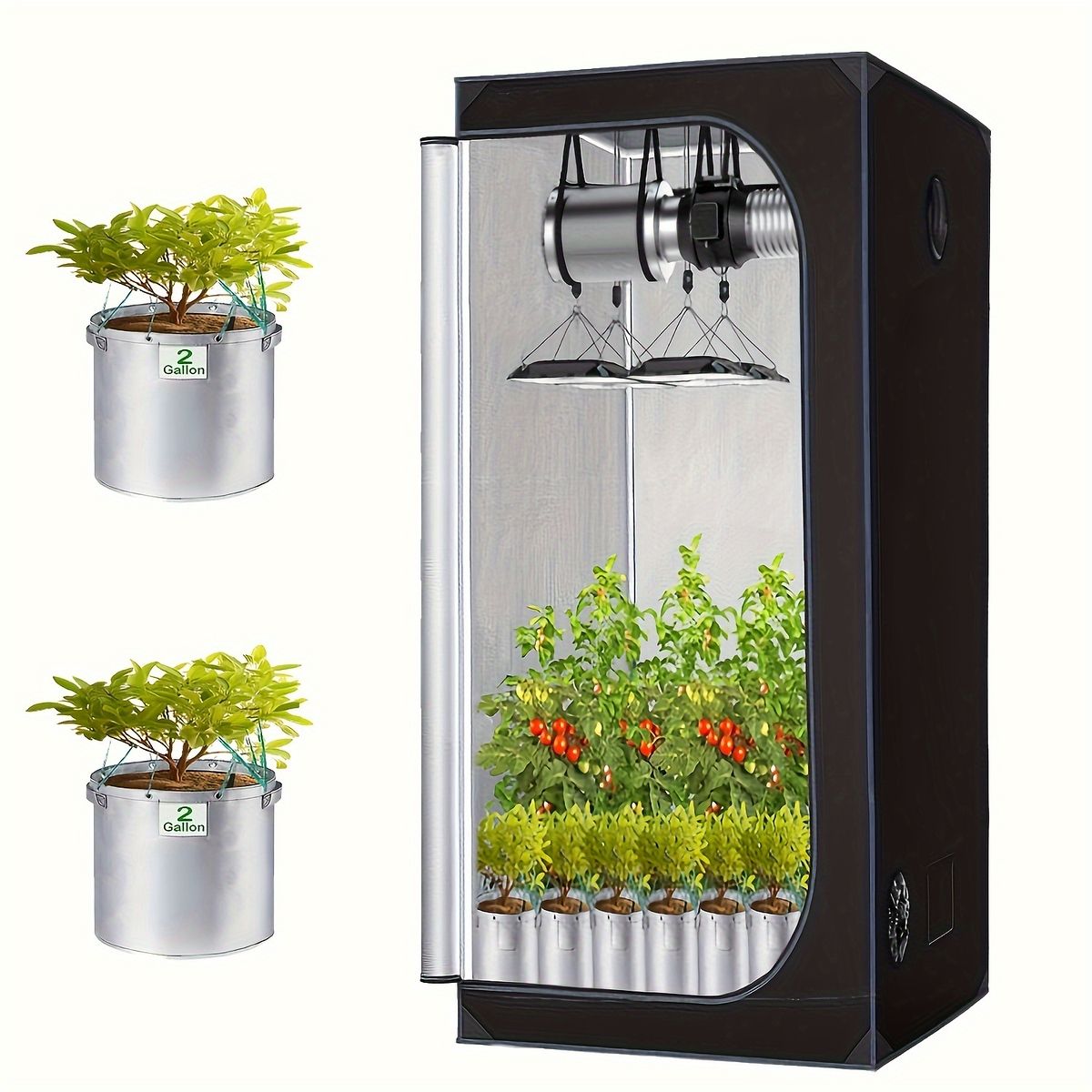 高反射＆耐久性 グローテント 60 x 120 cm 室内栽培キット 2ガロン植栽バッグ付き 600 Dポリエステルフィルム スチールフレーム 水耕栽培 室内植物|野菜育成