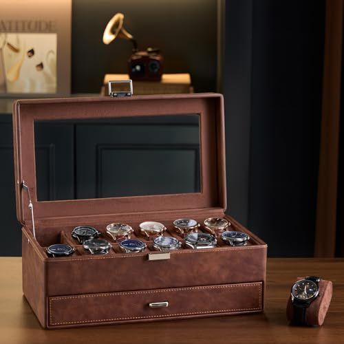 ProCase 腕時計ケース 12本 大容量 2段式 透明天板 多機能収納ウォッチボックス 防塵 防振 ジュエリーオーガナイザー ガラス蓋付き ディスプレイ 3 e 5 a 6 21