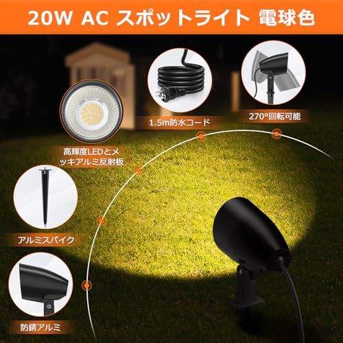 全アルミ製 20 W LEDスポットライト MEIKEE 2000 lm ガーデンライト コンセント式 電球色 IP 66防水 2 P|3 Pプラグ切替 1.5 m電源コード 2年保証 way取り付け 回転 ５万時間の寿命 配線不要 庭園 5 f 441 e a