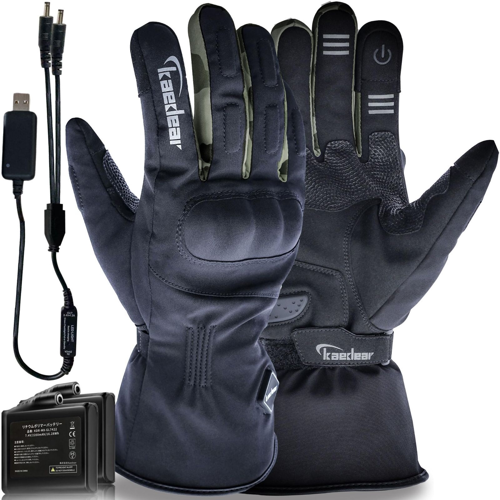 Kaedear カエディア バイク グローブ 冬 電熱 防寒 オートバイ プロテクター スマホ対応 防風 裏起毛 ヒートウェーブ KDR-H-GL 5 WH-OL-XXL オリーブ|電熱グローブ XXL