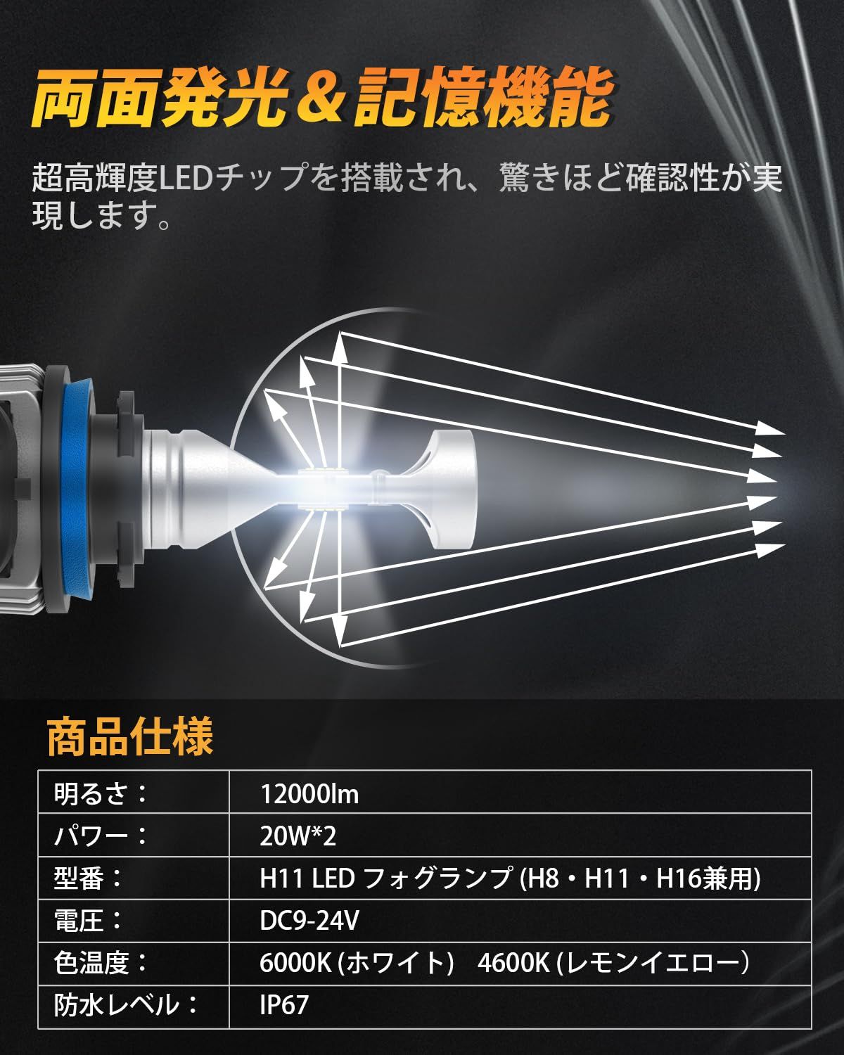 【2色メモリー機能付き】BORDAN h8 h11 フォグランプ 爆光 led h16 車検対応 2色切り替え 無極性 ホワイト/レモンイエロー 12000LM 20W*2 DC12V キャンセラー付き ラジオノイズ・結露対策 2個セット