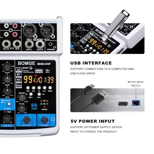  BOMGE-04 F 4チャンネルdjオーディオサウンドミキサー MP 3 | USB Bluetooth ステレオレコード| 48 V 99 DSPエコーエフェクト ライブブロードキャスト カラオケ パフォーマンス 教会の歌 音楽制作 25 e 27 ccf その他 キッチン 食器