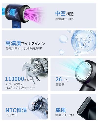 大風量ドライヤー 超軽量 速乾 中空構造 マイナスイオン 冷温風交互 高風速 恒温 ブラシレスモーター11万回転 分 3段階風速 3風温モード 過熱防止 サロン級 家庭用 出張 旅行 持ち運び便利 PSE認証済み 集風ノズル付き ブラ dae 53 cf 9