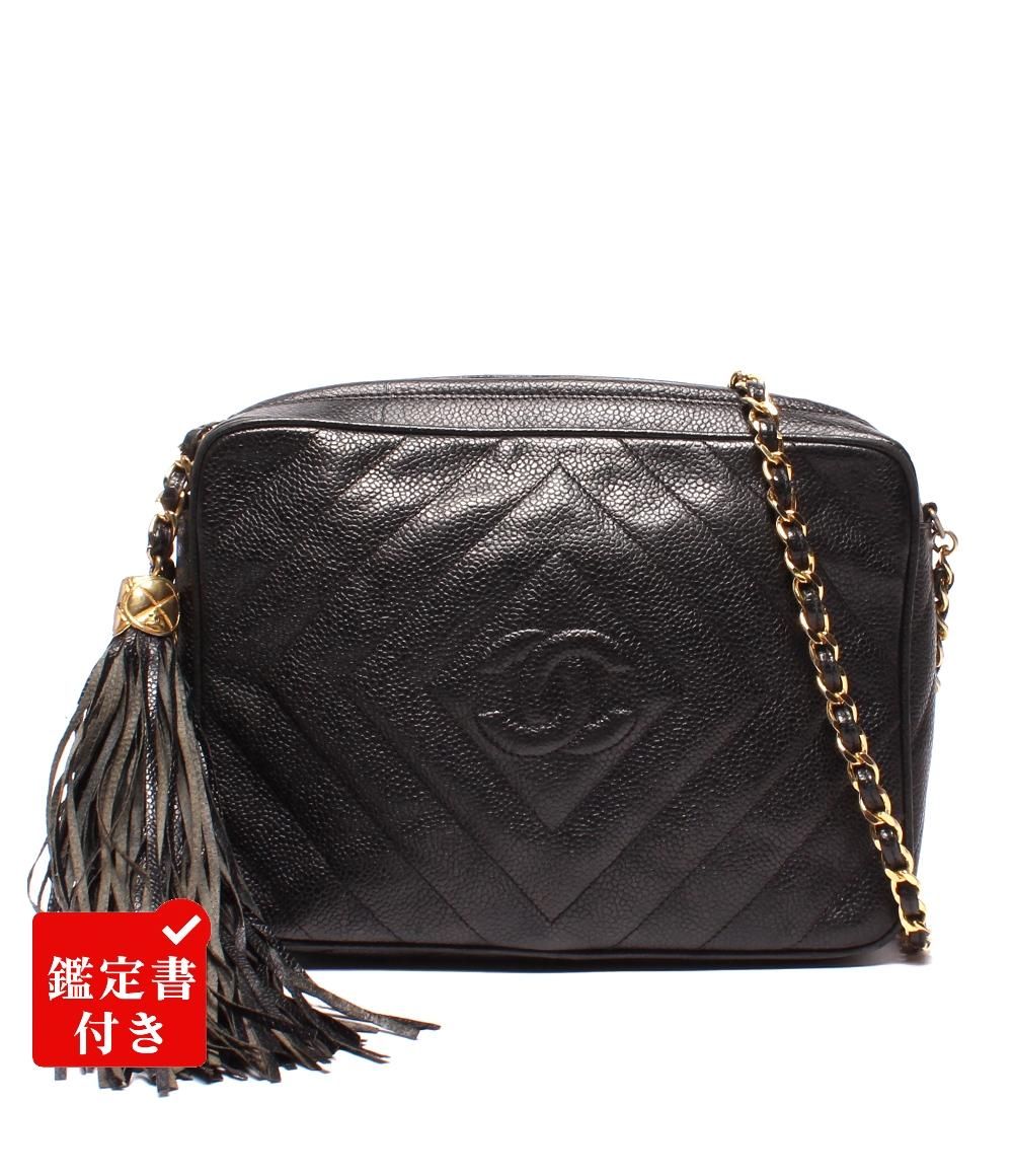 シャネル チェーンショルダーバッグ ココマーク タッセル付き シェブロンステッチ ゴールド金具 キャビアスキン レディース CHANEL