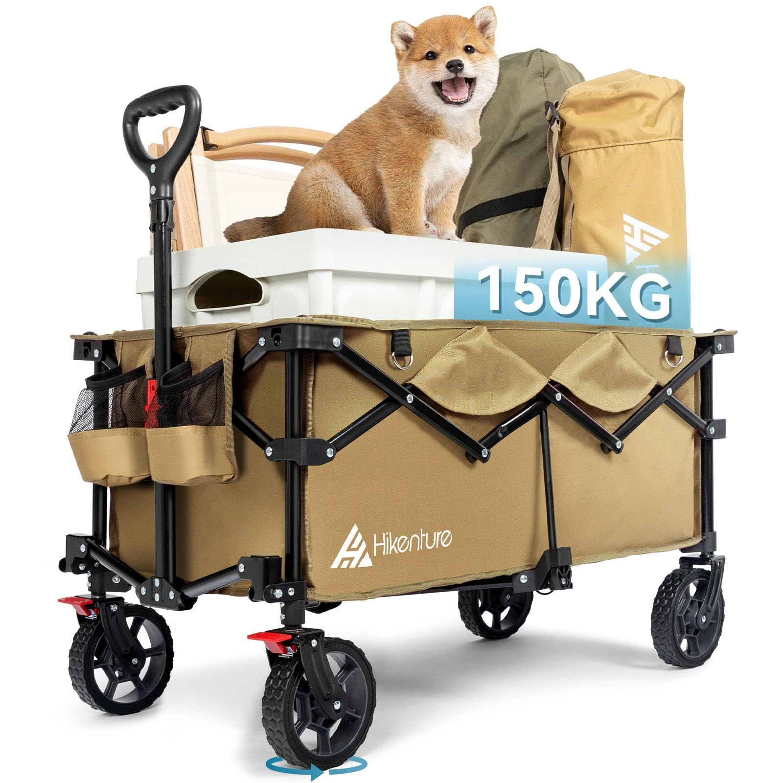 ワンタッチ収束型 特許取得のコンパクト設計 カート スイベル ブレーキ付き キャンプ 自立式ハンドルデザイン 大容量135 L 耐荷重150㎏ アウトドアワゴン キャリーワゴン HIKENTURE キャリーバッグ ネックピロー