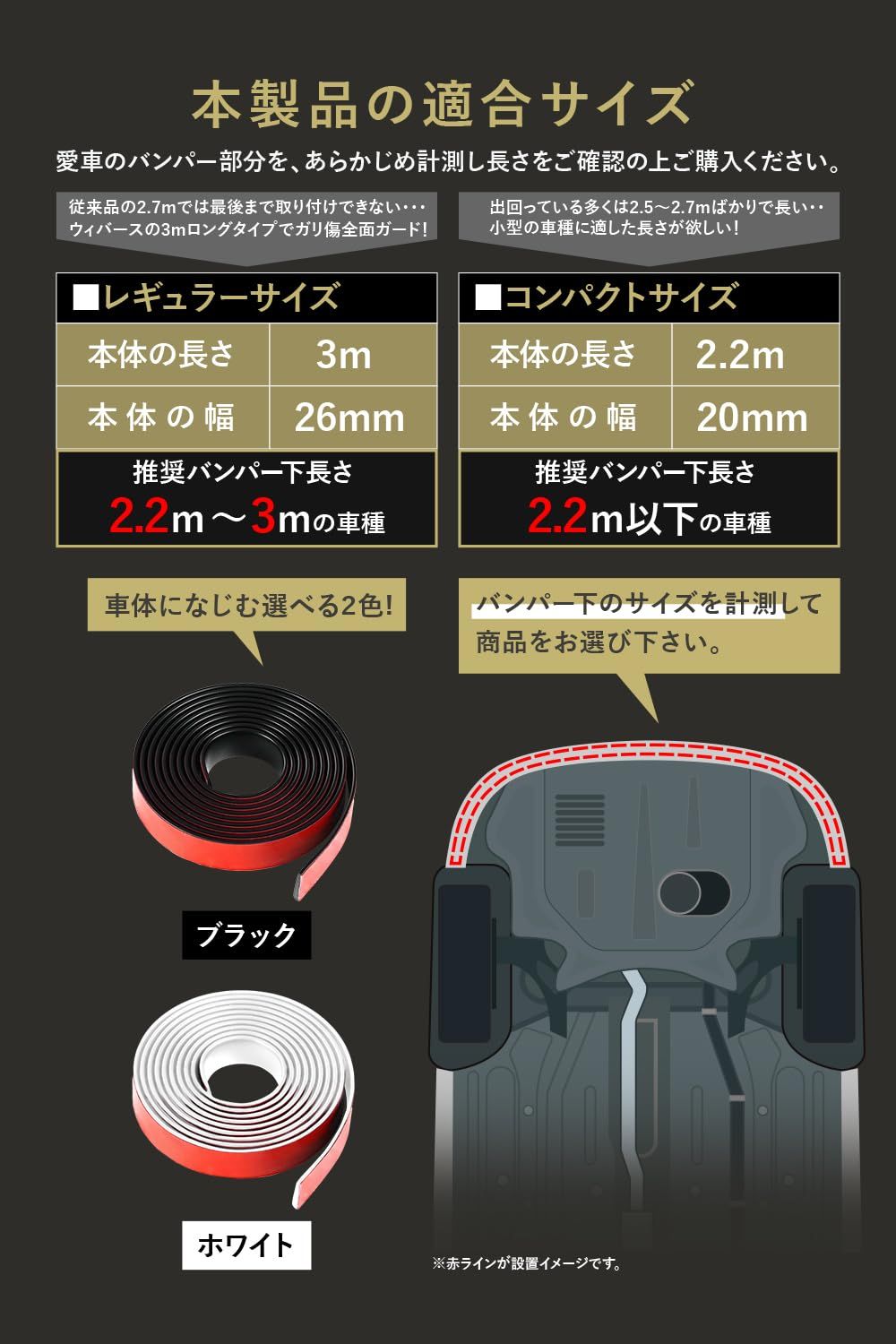 WeBirth エアロガード ガリ傷から守る!物理摩擦に強いPVC素材 車体で選べる2サイズ 日本企画 アンダーガード エアロ 保護 傷防止 白黒カラバリ 幅26mm アンダープロテクター バンパーガード スポイラーガード(レギュラー1個, ブラック)