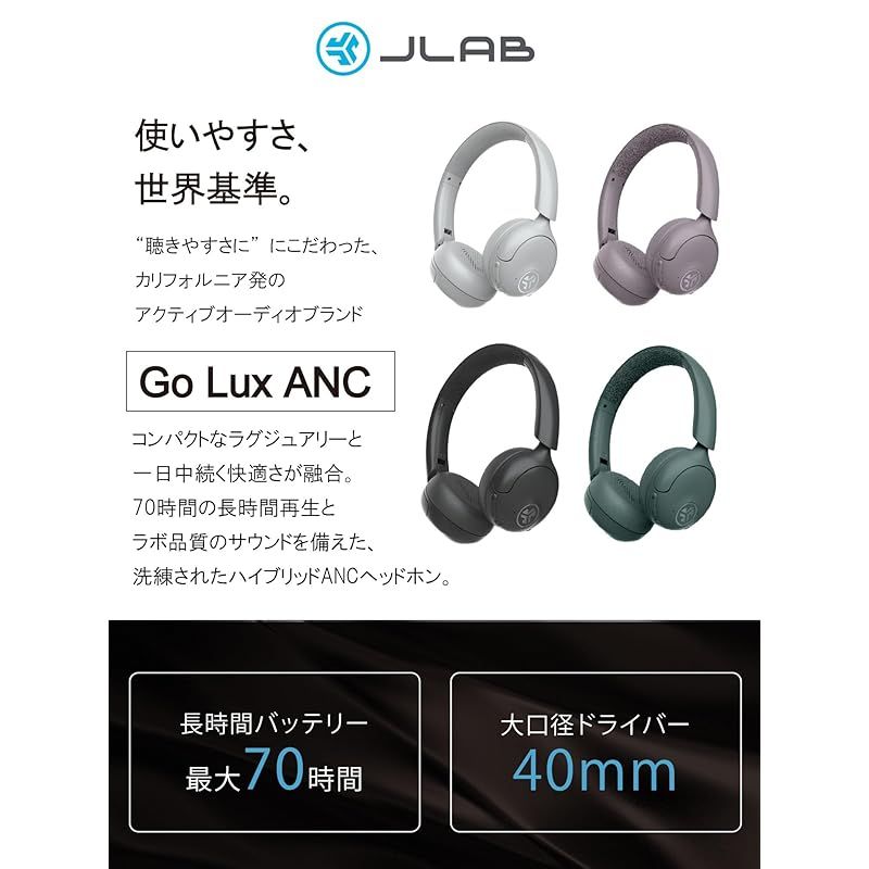 JLab ジェイラブ Go Lux ANC Graphite ワイヤレスヘッドホン ハイブリッド アクティブノイズキャンセリング 40 mmダイナミックドライバー 空間オーディオ 最大70時間 長時間再生 iPhone Bluetooth マイク付き