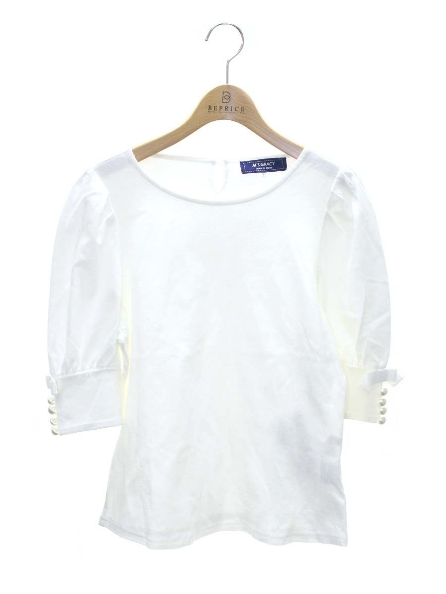 エムズグレイシー 315314 Tシャツ カットソ 40 ホワイト パールボタン リボン