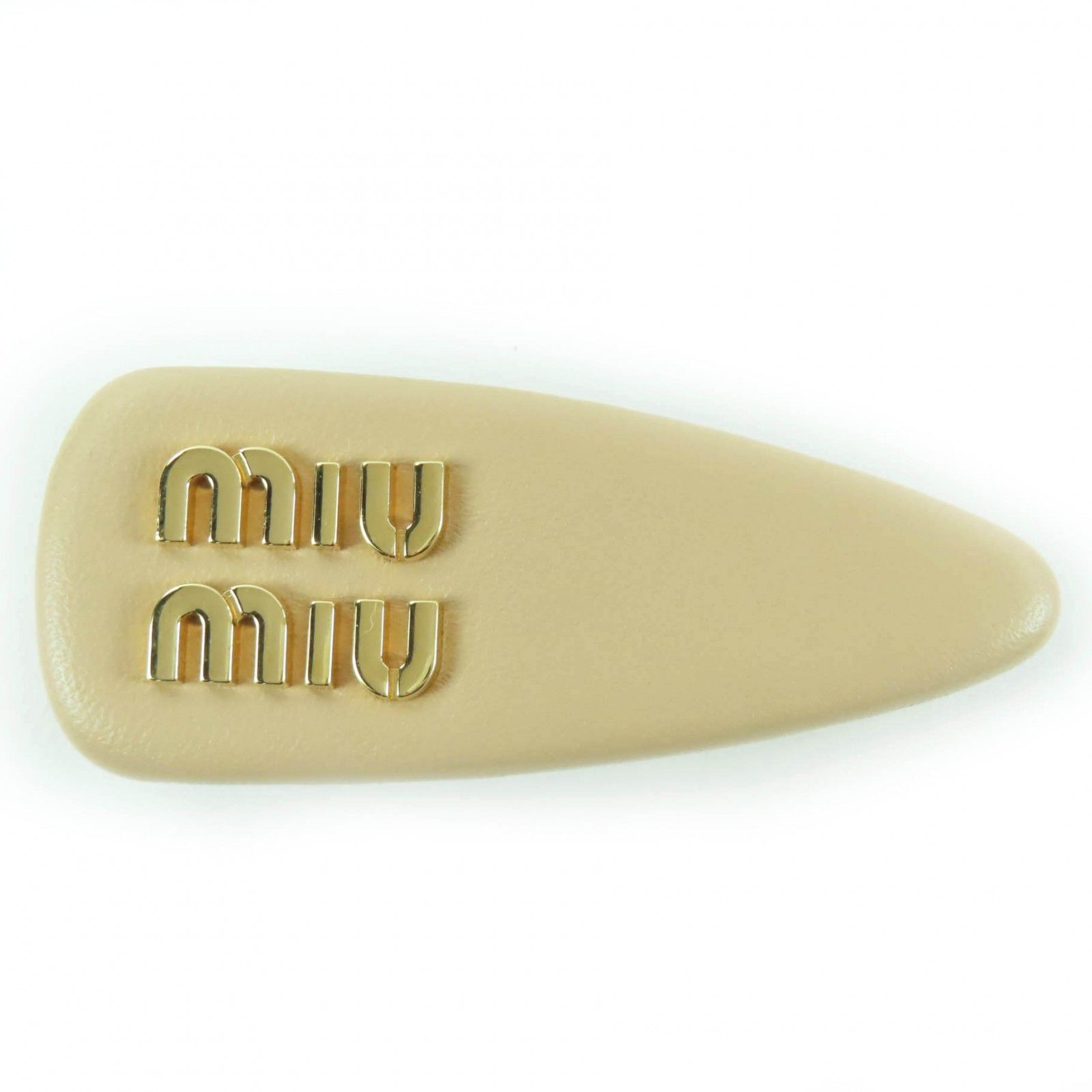 MIUMIU ミュウミュウ 5 IF 092 ロゴ入り ラムスキン レザー バレッタ ヘアアクセサリー ベージュ ゴールド金具 レディース