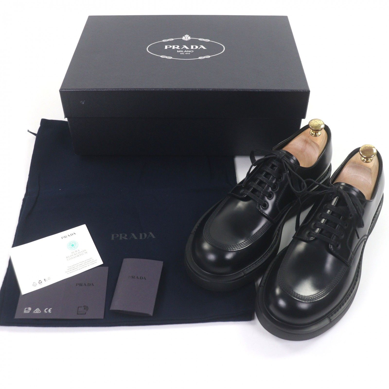 ♥品 PRADA プラダ 2 EG 445 ブラッシュドレザー レースアップ ダービーシューズ レザーシューズ ブラック 7 箱 保存袋付き イタリア製 メンズ