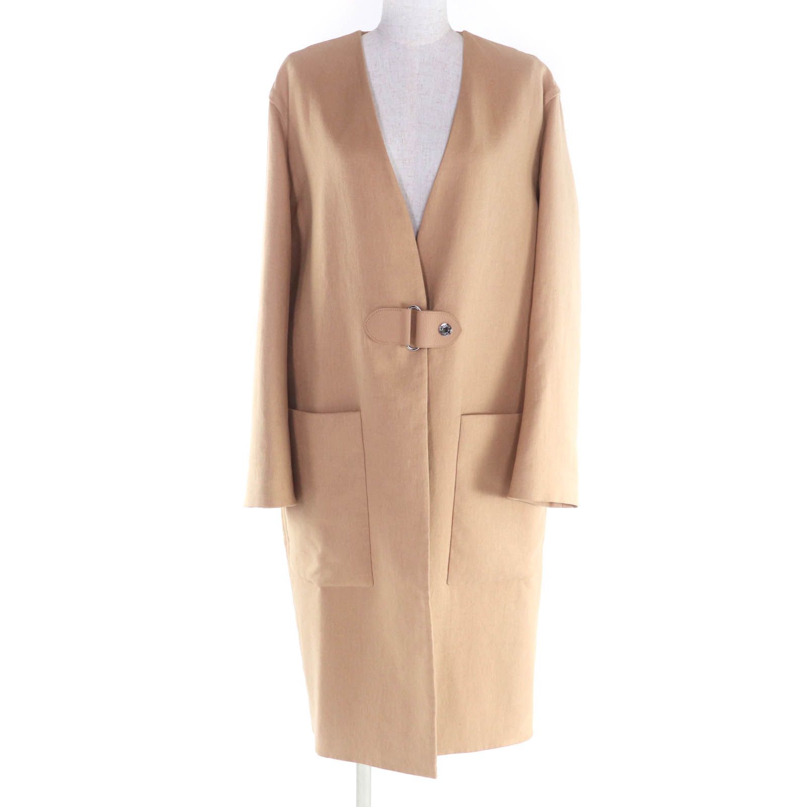 ♥品 HERMES エルメス リネン コットン混 セリエボタン付 レザー使い ノーカラー ロングコート ベージュ 38 フランス製 レディース