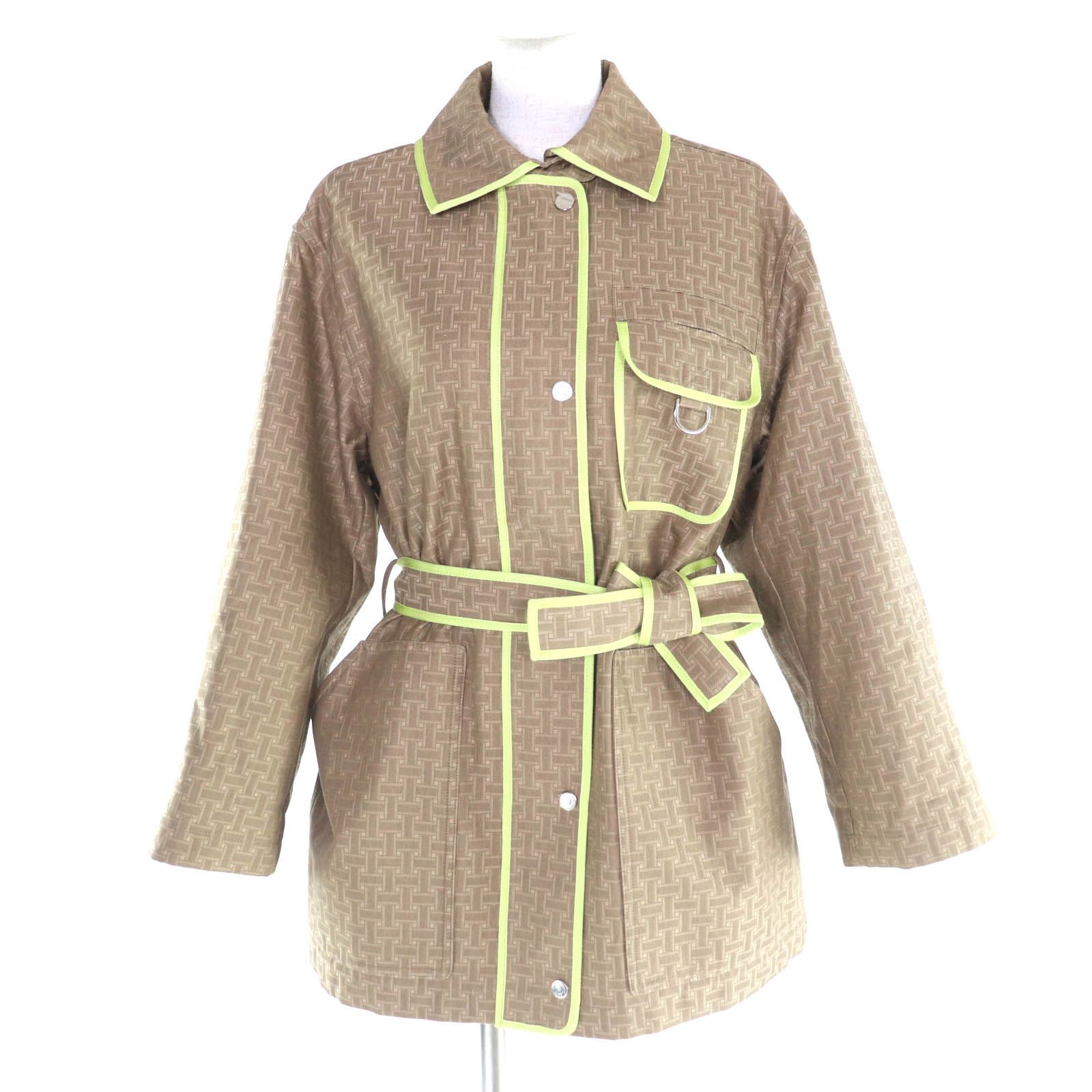 ♥品 HERMES エルメス 22 AW カシミヤ混 ライナー ベルト付 Hモザイク サファリジャケット コート カーキ系 34 フランス製 レディース