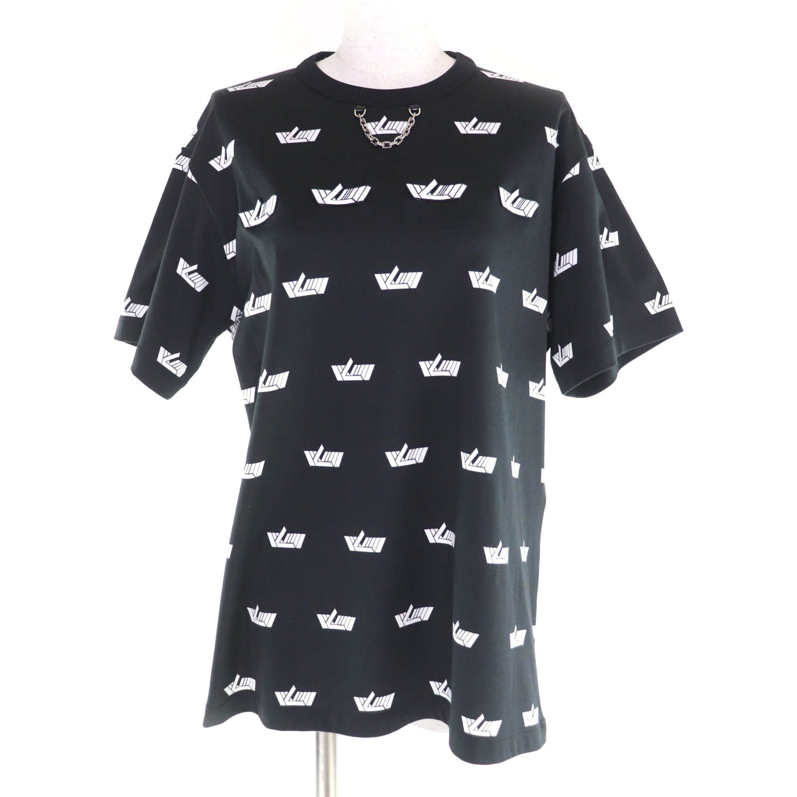 LOUIS VUITTON ルイヴィトン 22 SS LVヴィテスTシャツ ワッペン付 チェーン装飾 総柄 半袖 ブラック ホワイト XL イタリア製 レディース