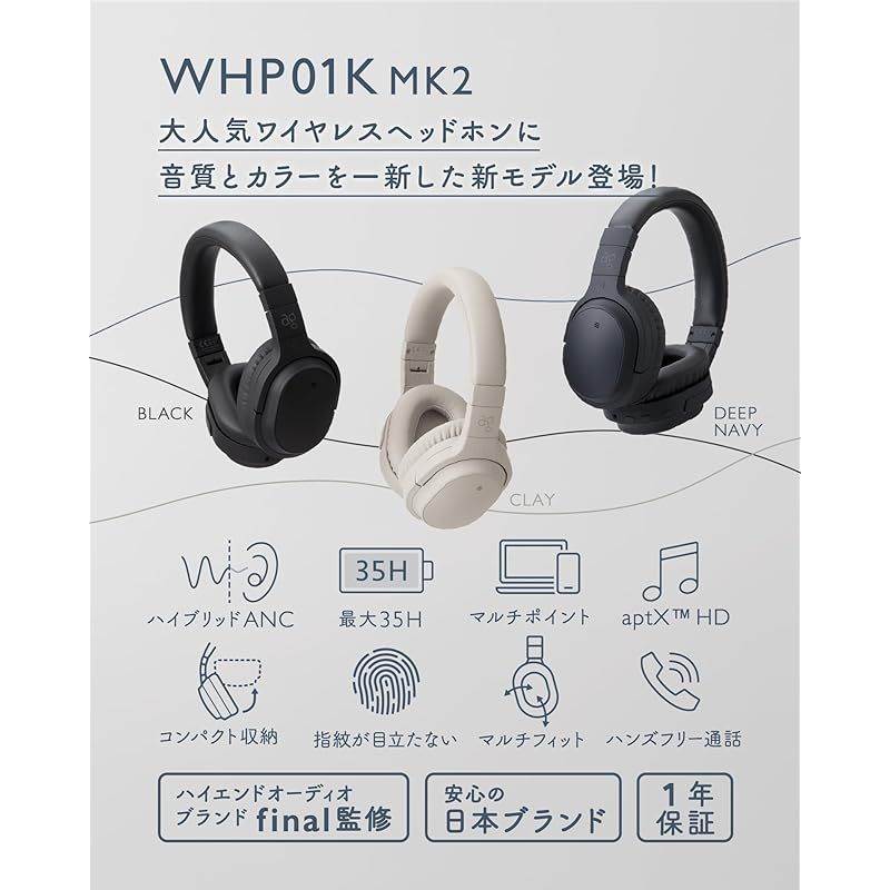 2025冬 ag WHP 01 K MK 2 aptX HD対応 Bluetooth ANCイズキャンセリング機能 ワイヤレスヘッドホン 35時間再生 マイク付き Black
