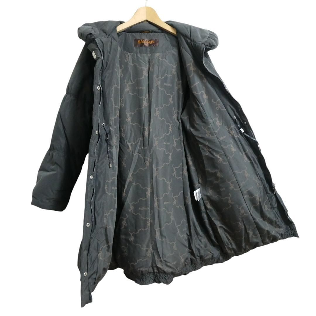  BALMAIN PARIS バルマン サイズⅬ 2 WAY ブルーフォックスファー フード 裏地総柄 キルティング ロング ダウンジャケット ダウンコート グレー系 レディース ダウンジャケット ジャケット アウター