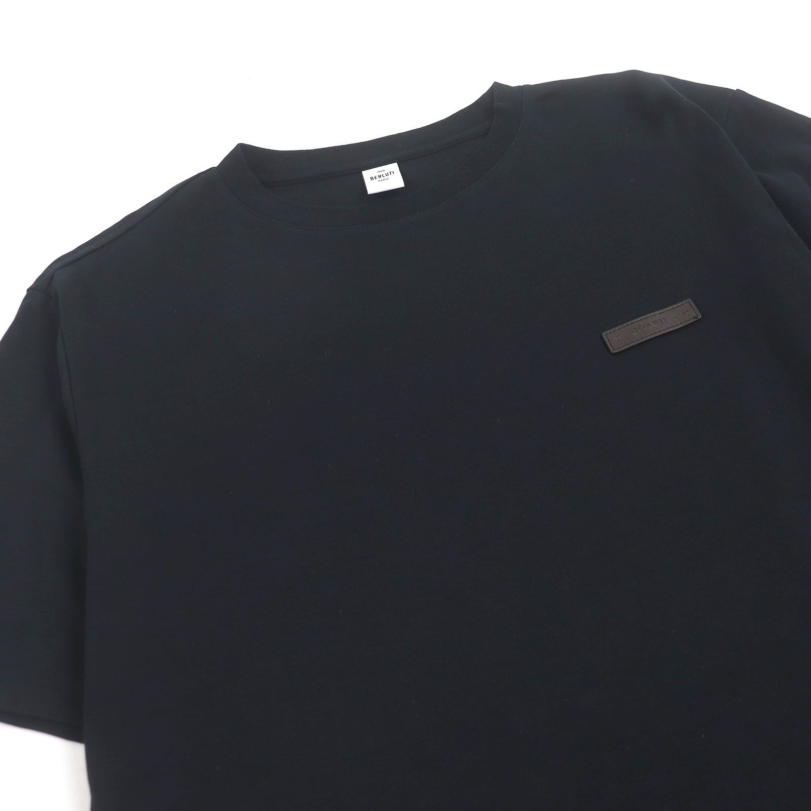 美品□BERLUTI ベルルッティ コットン100％ ロゴレザーパッチ クルーネック カットソー 半袖Ｔシャツ ブラック S イタリア製 正規品 美品□BERLUTI ベルルッティ コットン100％ ロゴレザーパッチ クルー