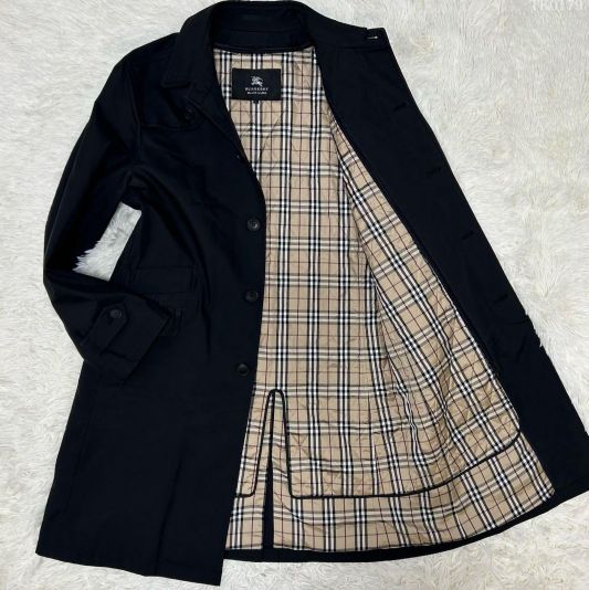 【美品/LL】バーバリー ロンドン ステンカラーコート ライナー付き 黒 ノバ 美品】バーバリーロンドン ウールステンカラーコート ノバチェック 黒