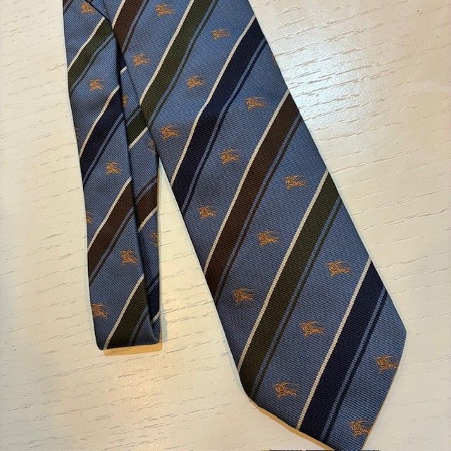 バーバリー BURBERRY ホースロゴ blue系ストライプ シルクネクタイ