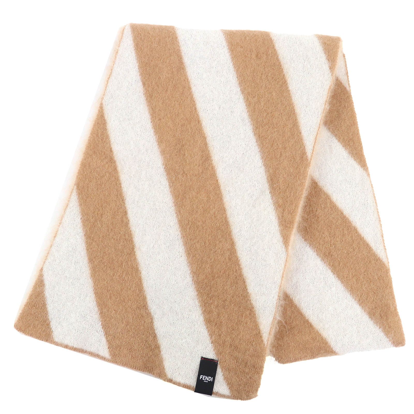 美品△FENDI フェンディ FXS124 モヘア シルク ストライプ柄 ロング マフラー キャメル ホワイト 180×30cm 保存袋付き イタリア製 正規品 美品△FENDI フェンディ FXS124 モヘア シルク ストライプ柄 ロング