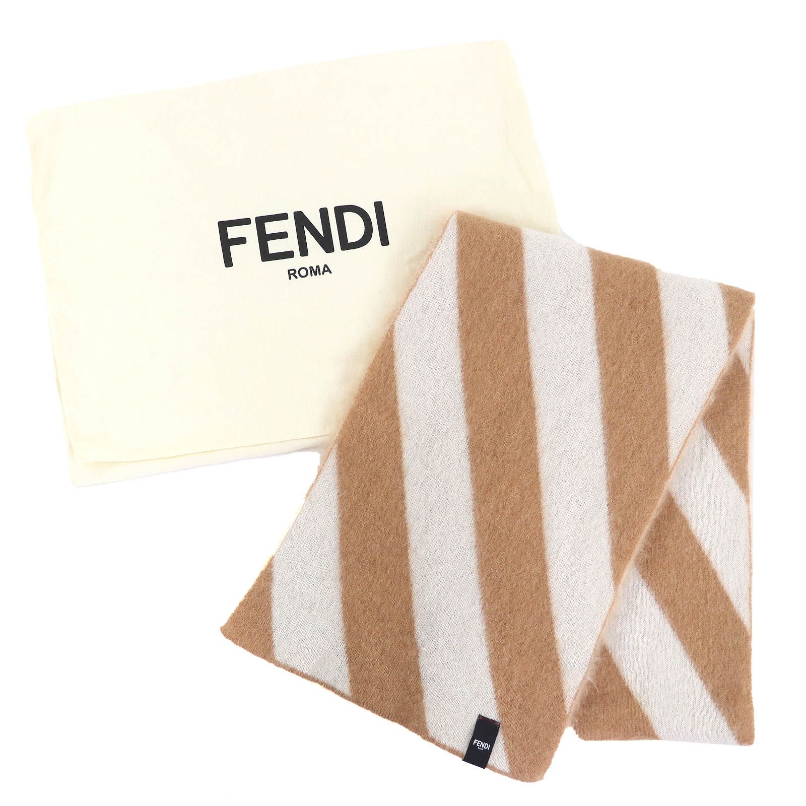美品△FENDI フェンディ FXS124 モヘア シルク ストライプ柄 ロング マフラー キャメル ホワイト 180×30cm 保存袋付き イタリア製 正規品 美品△FENDI フェンディ FXS124 モヘア シルク ストライプ柄 ロング