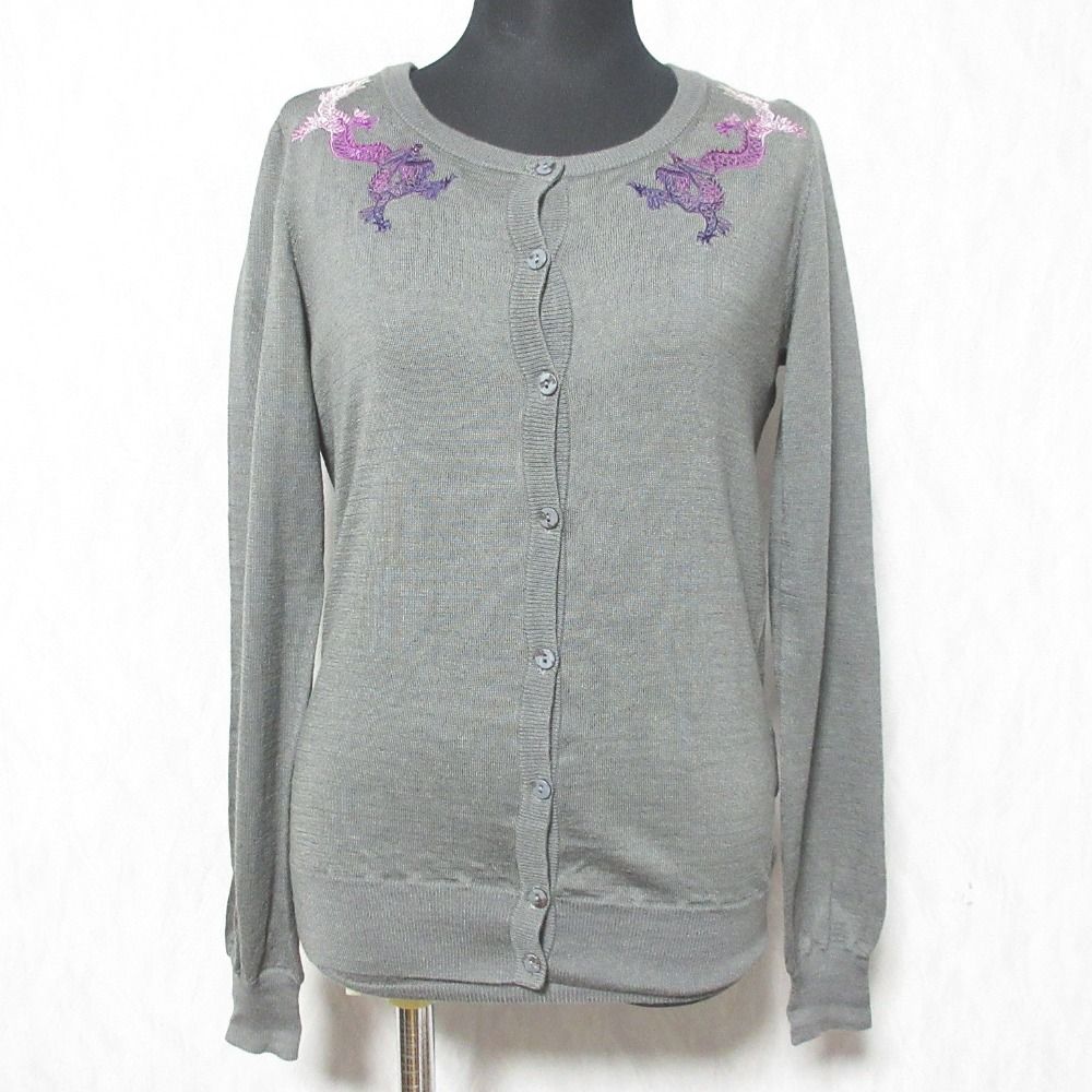 TAM ヴィヴィアンタム ドラゴン刺繍 ニット カーディガン アンサンブル 016-275915 サイズ0 グレー レディース 古着