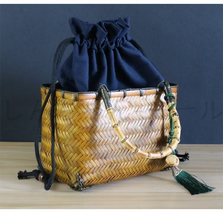 手織りかごバッグ カゴバッグ アンティーク 竹 手織りハンドバッグ