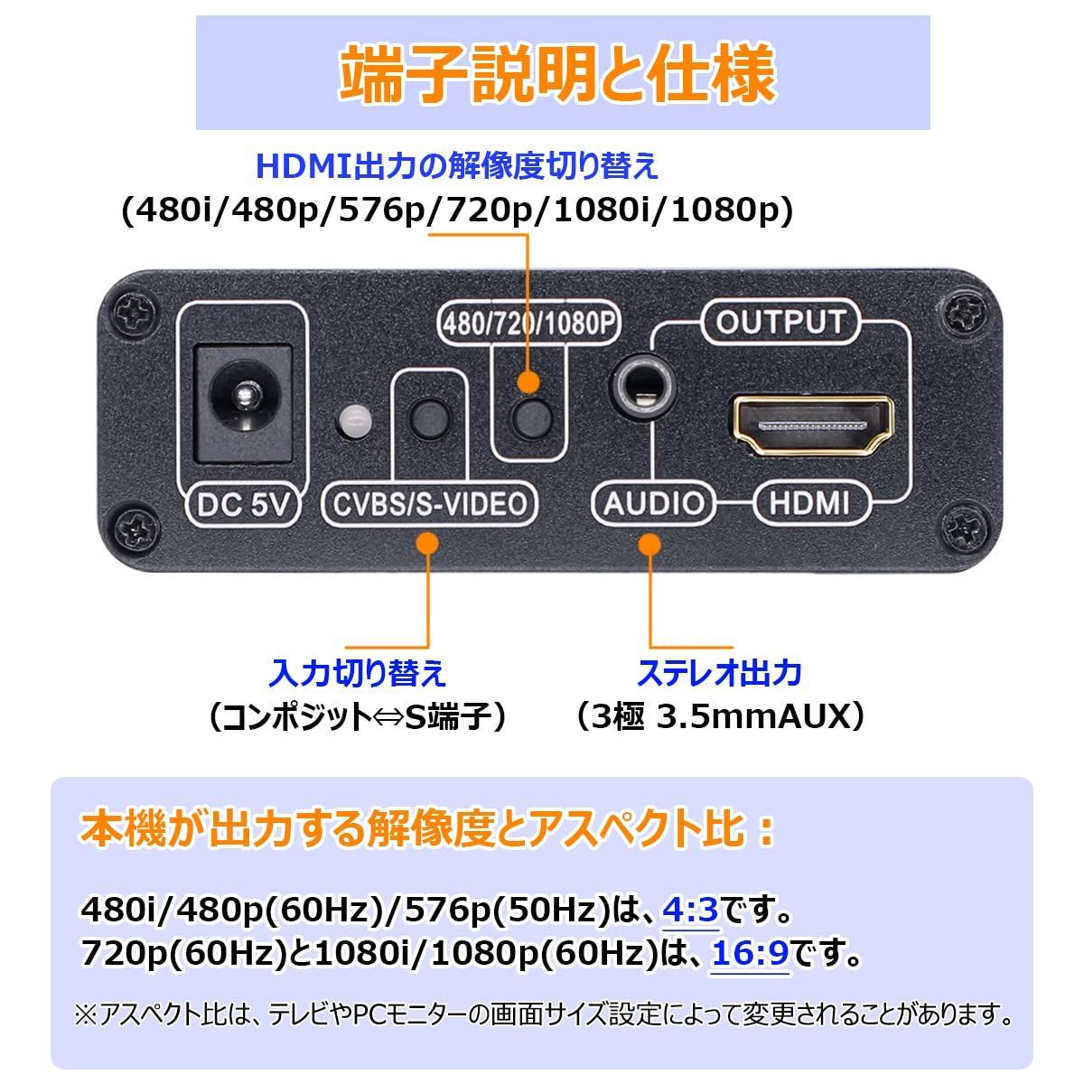 コンポジット/S端子 to HDMI 変換器 1080p対応 Composite 3RCA AV/S 