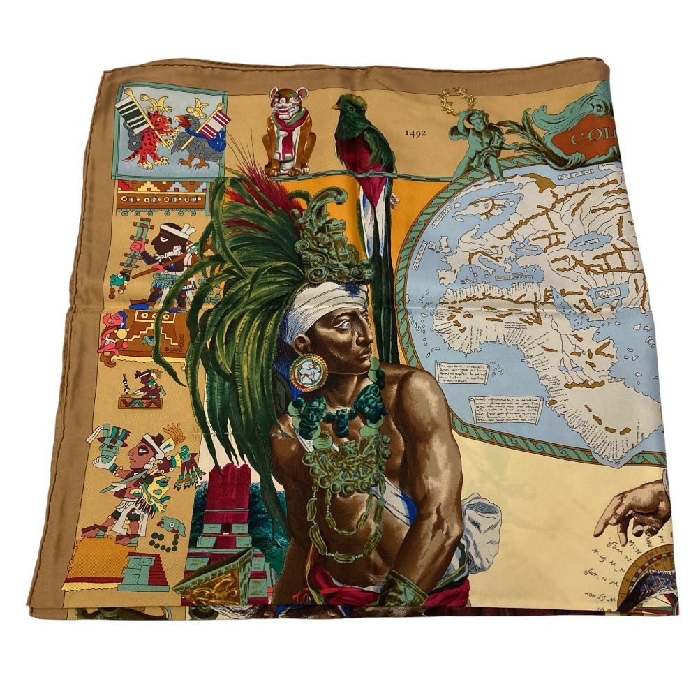 HERMES エルメス カレ90 Les Ameriques COLOMBVS アメリカ大陸 シルクスカーフ ブラウン レディース 古着