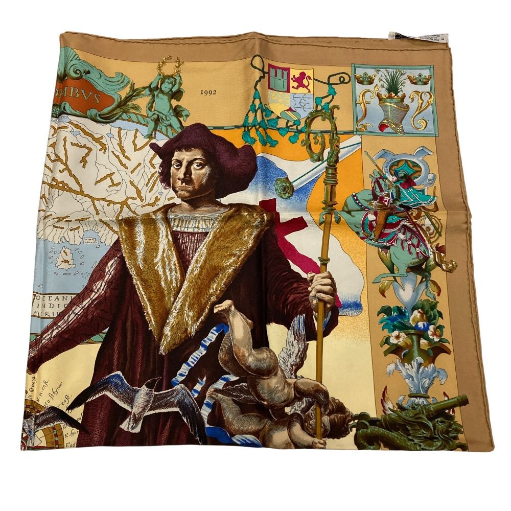 HERMES エルメス カレ90 Les Ameriques COLOMBVS アメリカ大陸 シルクスカーフ ブラウン レディース 古着