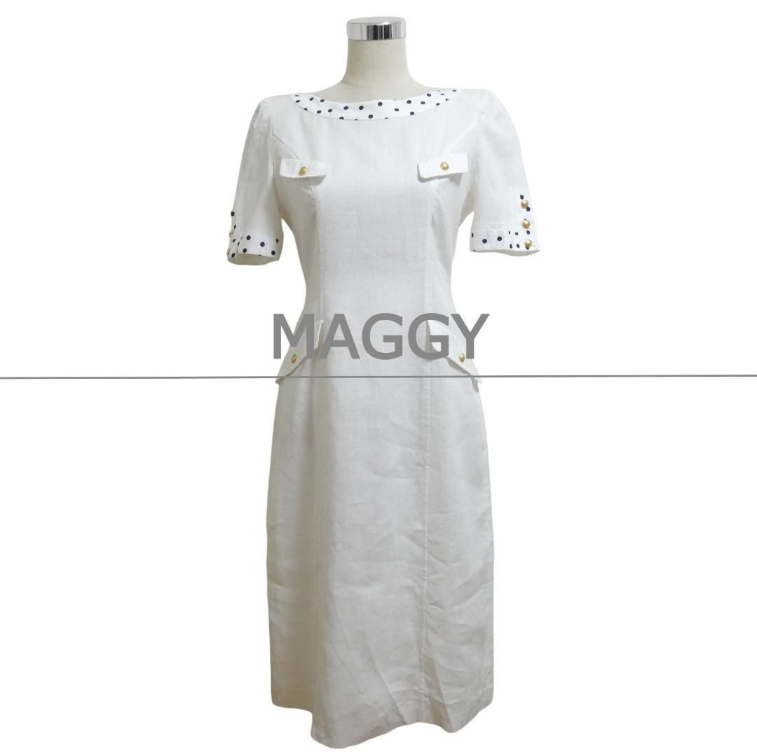MAGGY 銀座マギー サイズ36 麻 リネン100％ 前後2 WAY ドット柄 ロング丈 クルーネック 半袖 シャツワンピース ドレス 白 ホワイト レディース
