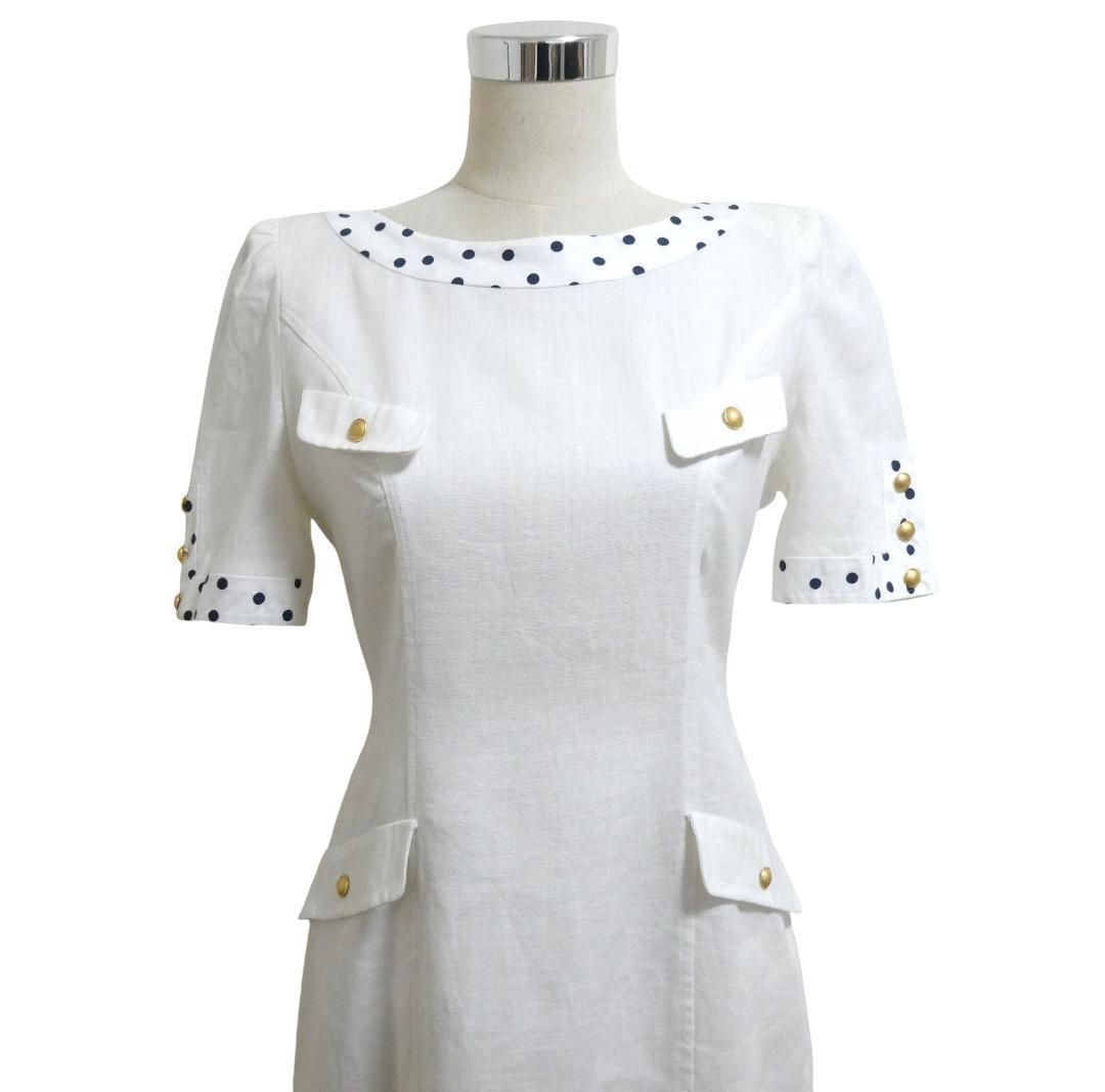 MAGGY 銀座マギー サイズ36 麻 リネン100％ 前後2 WAY ドット柄 ロング丈 クルーネック 半袖 シャツワンピース ドレス 白 ホワイト レディース