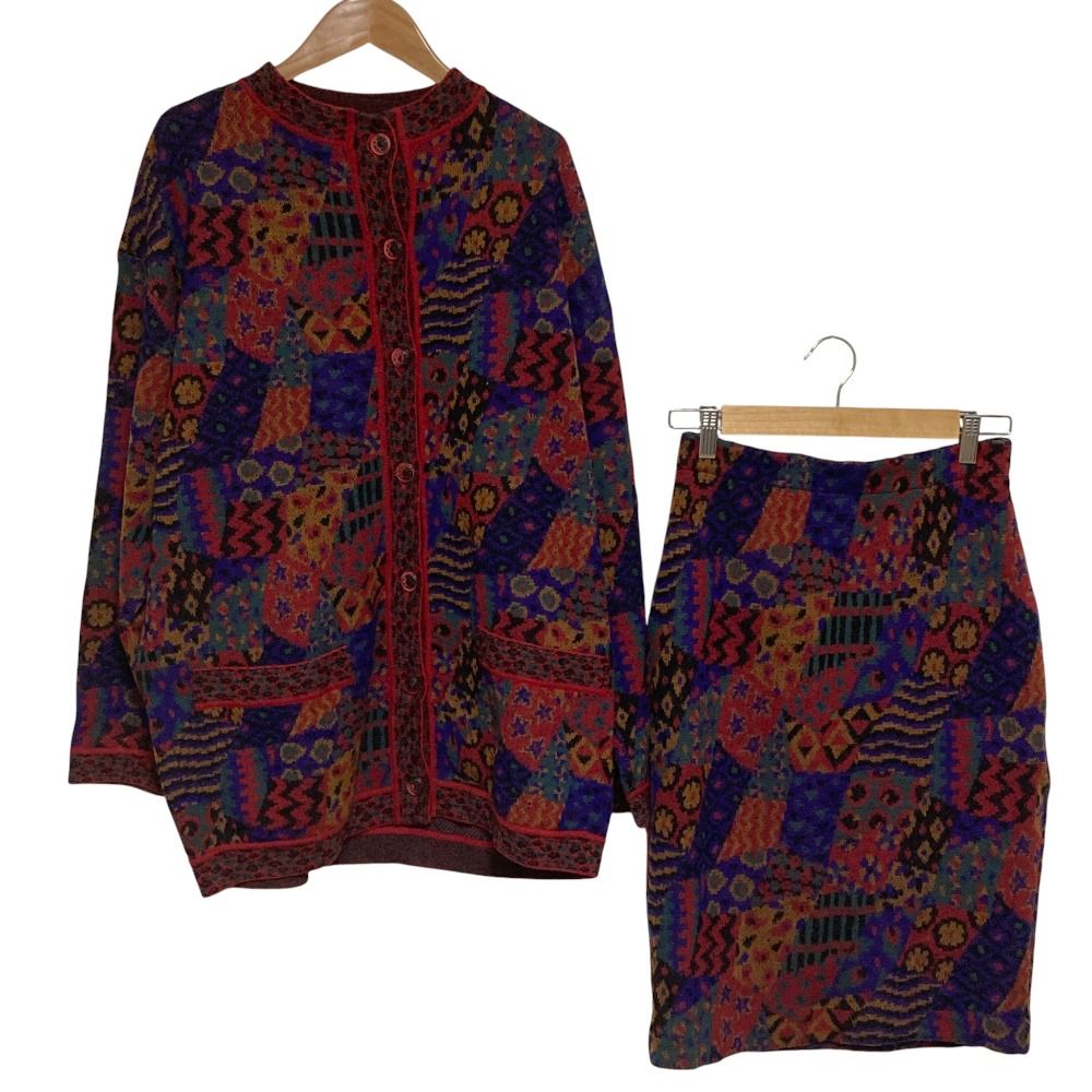 ミッソーニ・ニットスーツ・Ｌサイズ・カーディガン・スカート・セットアップ・美品 MISSONI ミッソーニ 総柄 ニット カーディガン スカート セットアップ