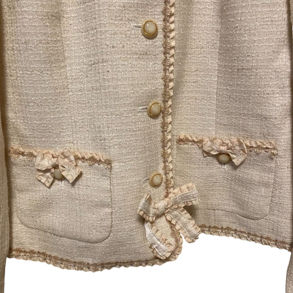 ピンクハウス ノーカラーツイードジャケット アイボリー M〜L フリル リボン 美品 PINK HOUSE ピンクハウス レースフリルリボン ツイードジャケット