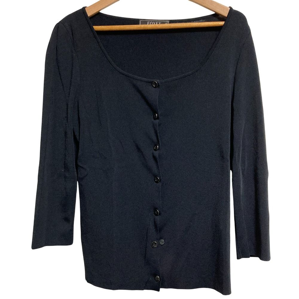 美品 FOXEY フォクシー ストレッチ ラウンドネック カーディガン